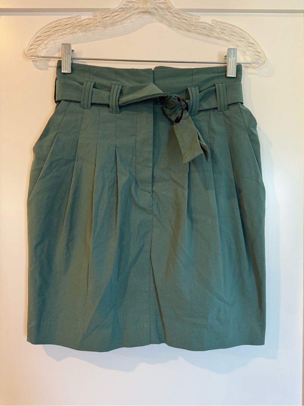 H&M Sage Green Paperbag Waist Skirt with Tie Belt (Size 4)